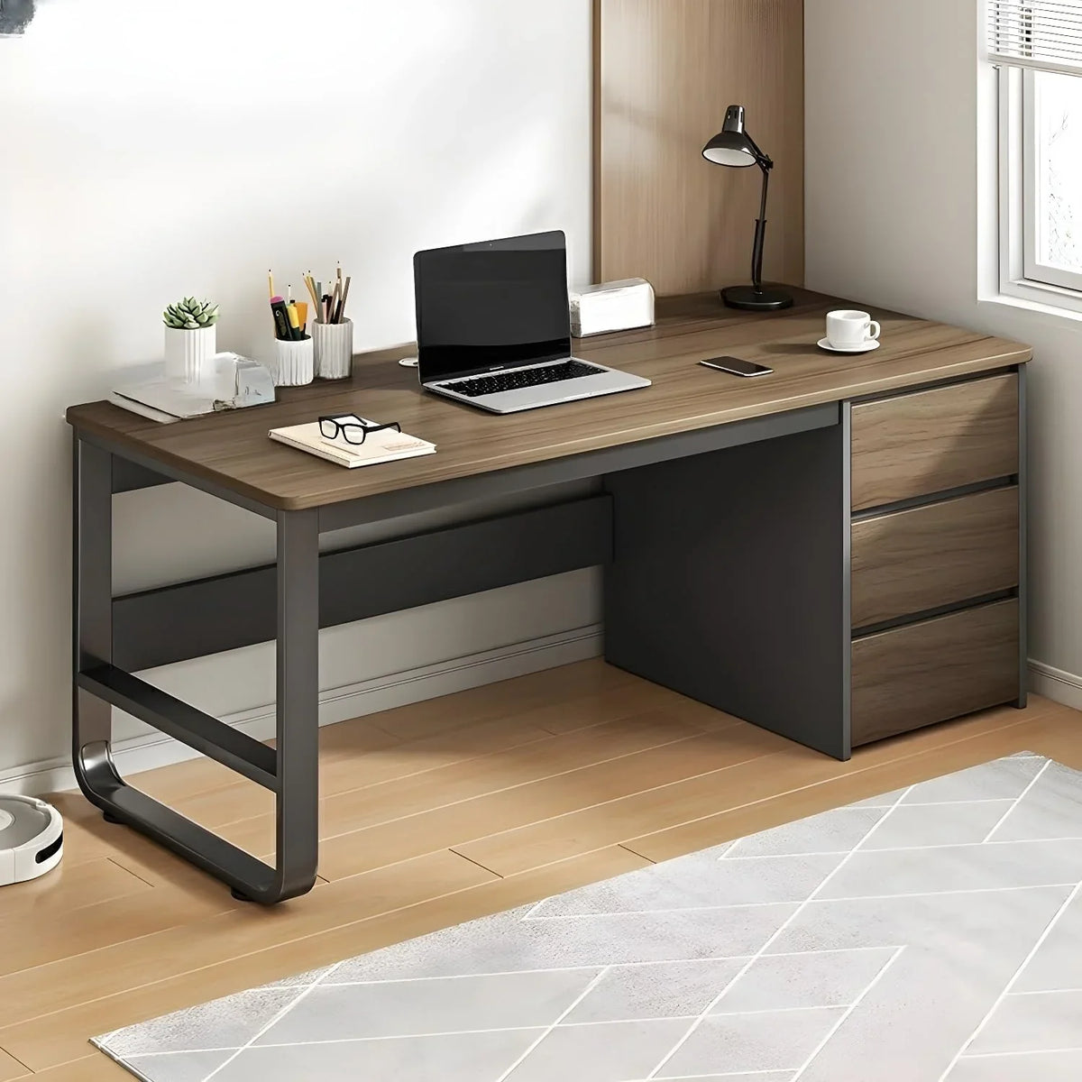 This stylish and modern office desk features an integrated cable management system, a wooden desktop, and a rectangular shape. It comes with three drawers and is ideal for both office and home use. Available in brown, it measures 63 inches in length,