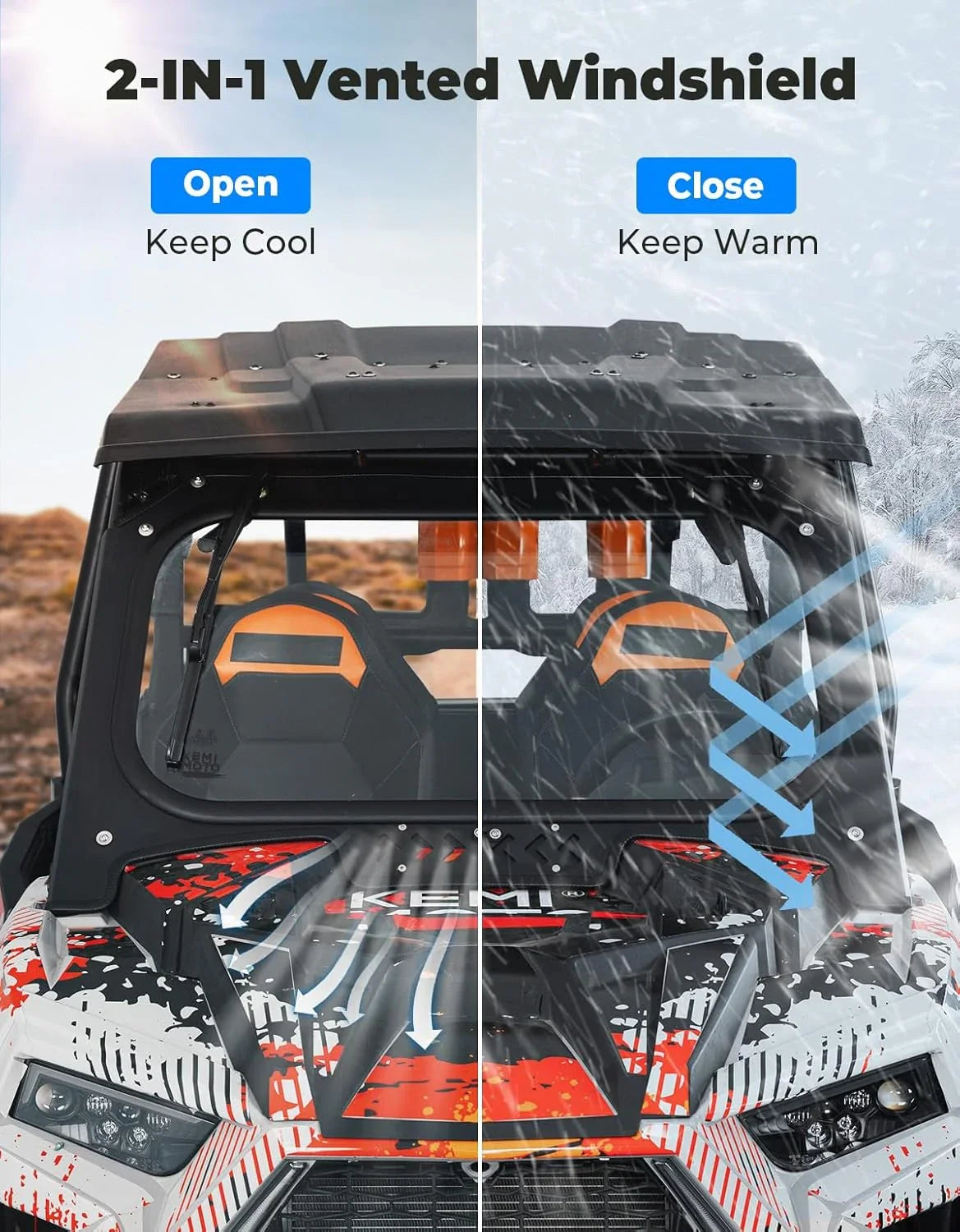 The glass windshield is equipped with 2 manual windshield wipers. It is scratch-resistant and wear-resistant. It is compatible with the 2019 - 2023 models of Arctic Cat RZR XP 1000 / RZR XP super sports vehicles. The front windshield has a ventilatio