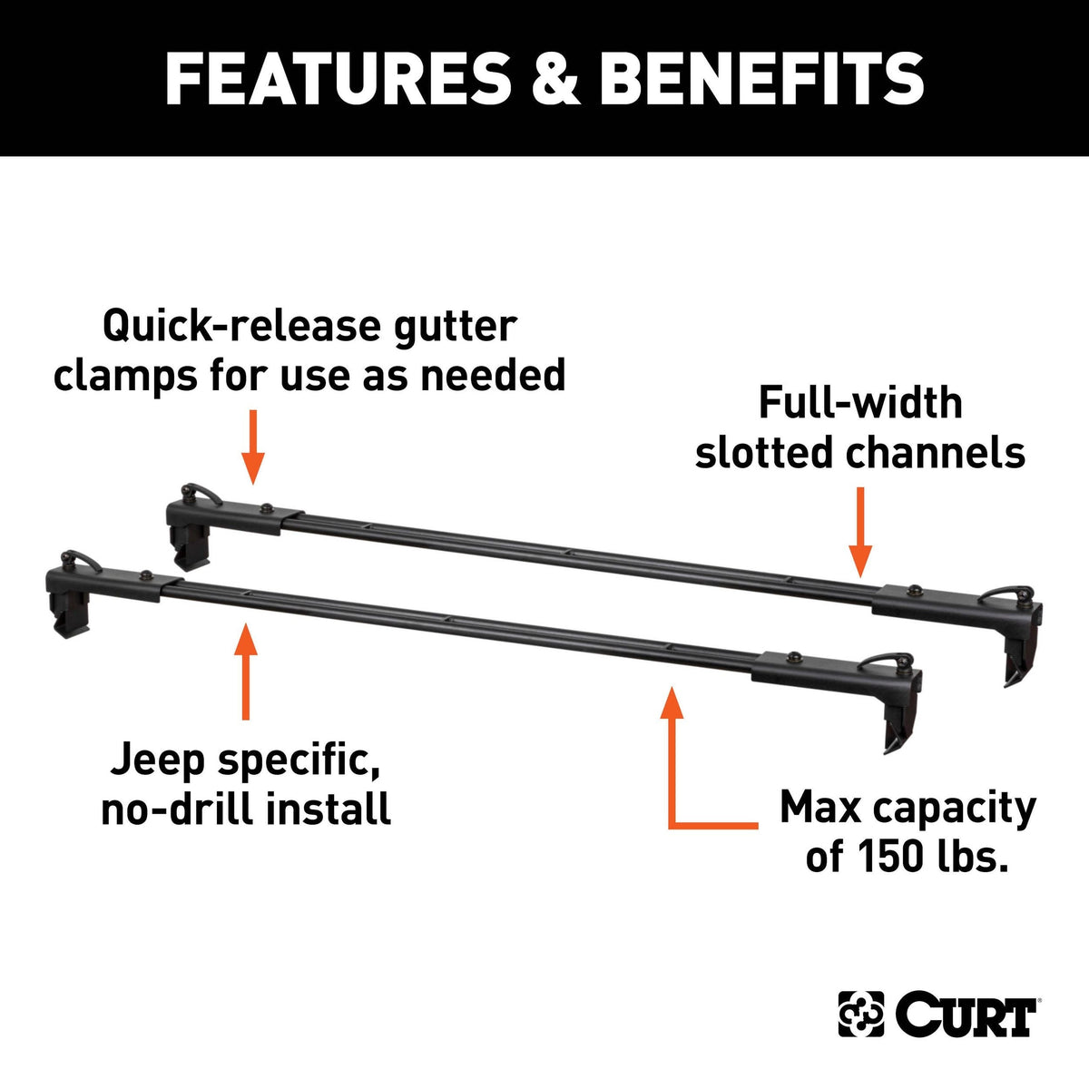 CURT 18119 Quick-Release Roof Rack Crossbars, Black Steel, Select Jeep Wrangler JK