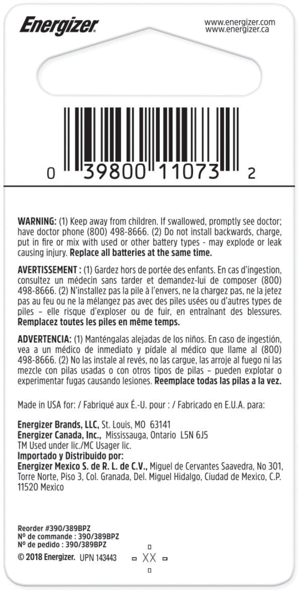 Energizer Silver Oxide 1-pk 390/389 LR1130 AG10 1.5V / 1.5 Volt Button Cell Battery