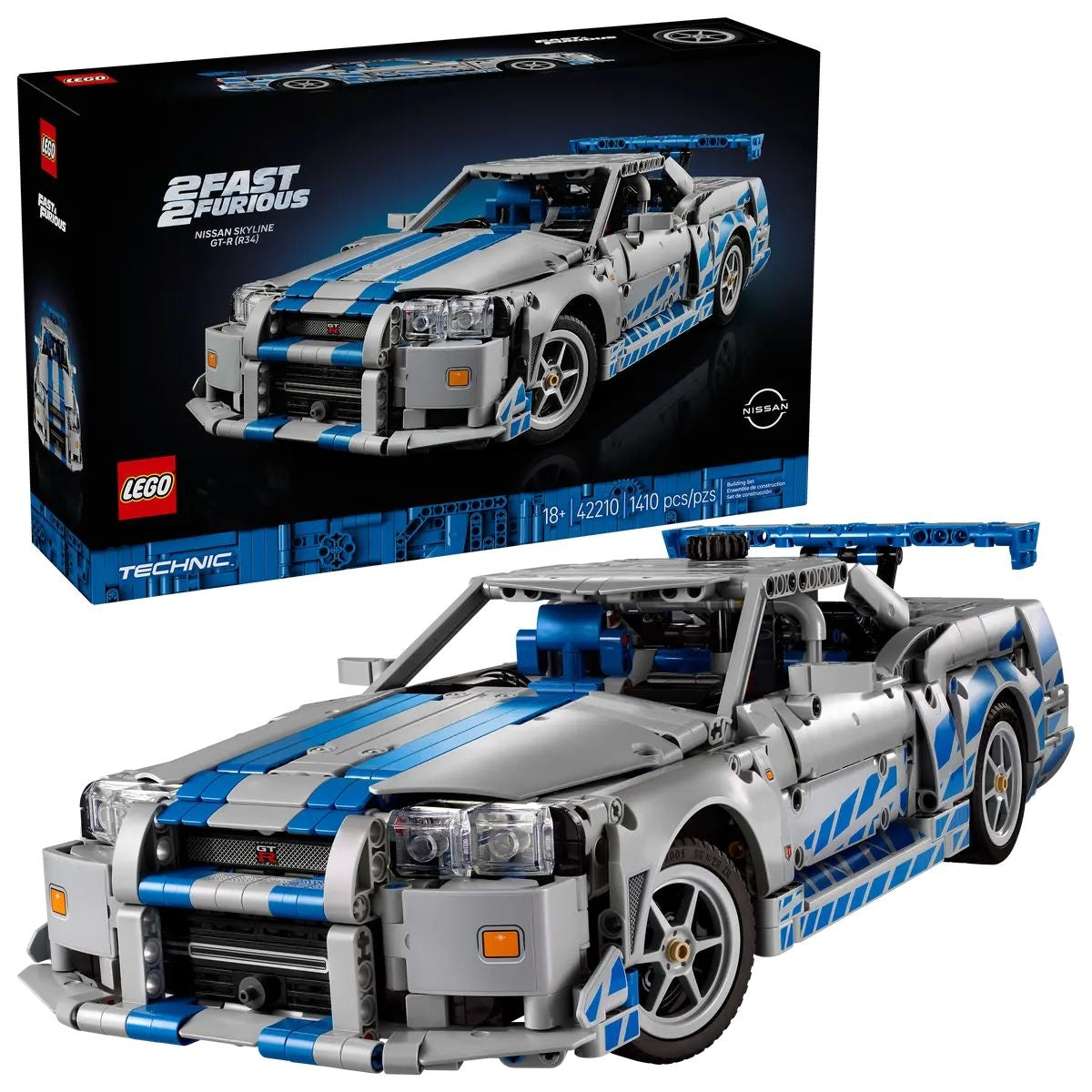 LEGO Technic 2 Fast 2 Furious Nissan Skyline GT-R (R34) Car - 42210, 1410-pcs, Ages 18+