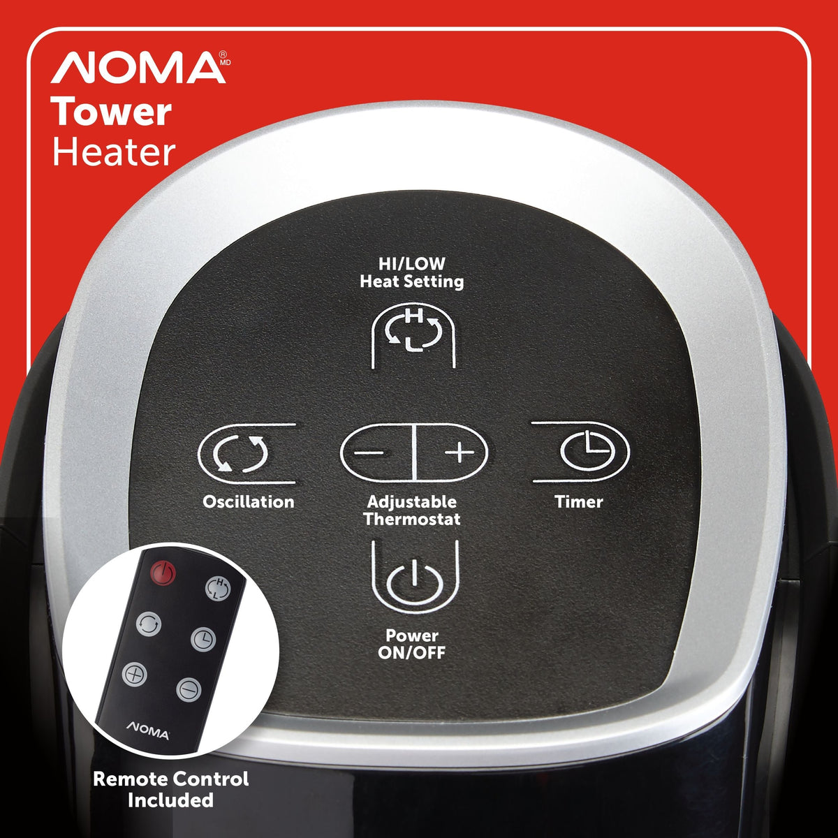 NOMA Oscillating Tower Ceramic Heater withRemote Control & Thermostat, 1500W, Black, 30-in