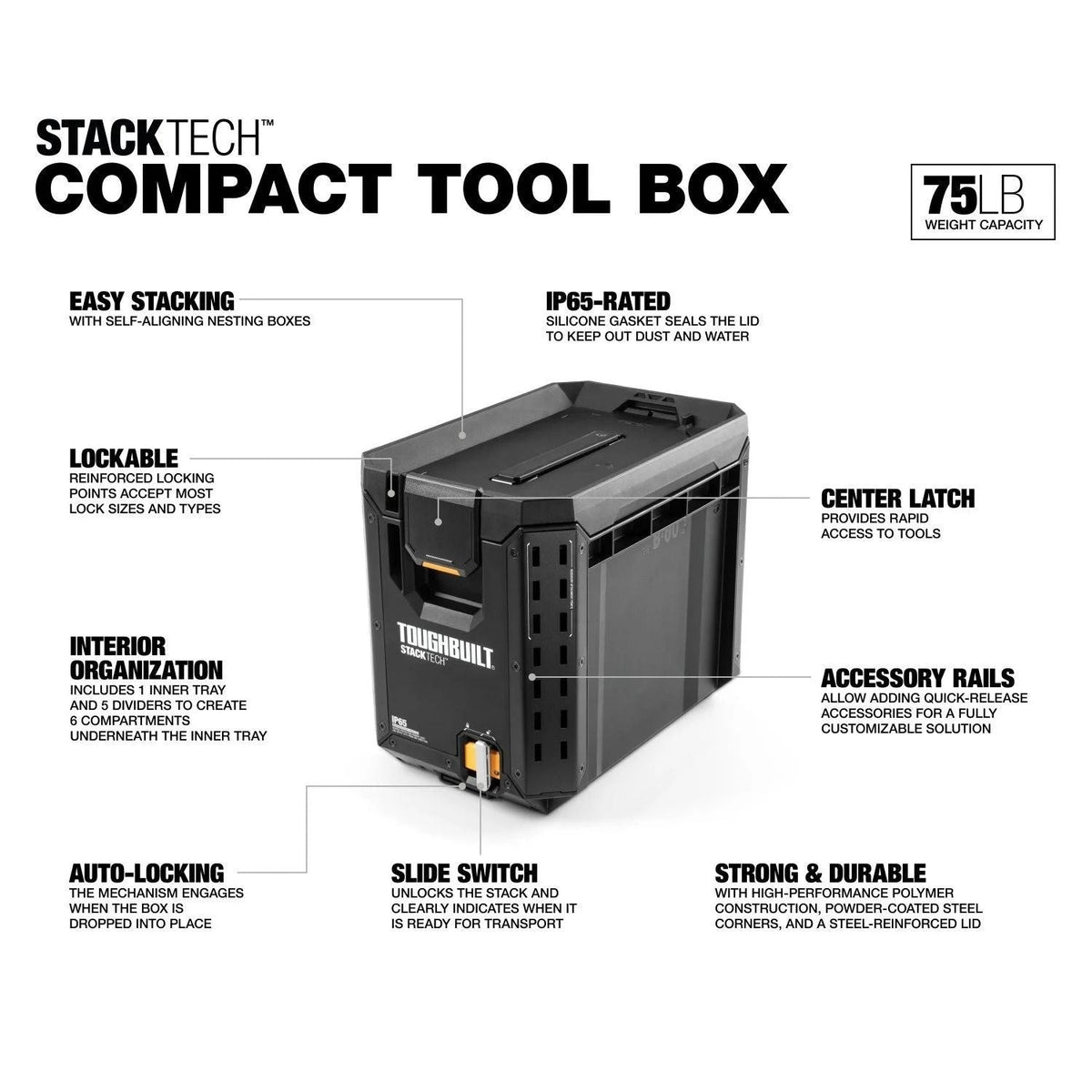 ToughBuilt StackTech Half Portable Modular Plastic/Metal Tool Box with Inner Tray and 5 Dividers, IP65-Rated, Black