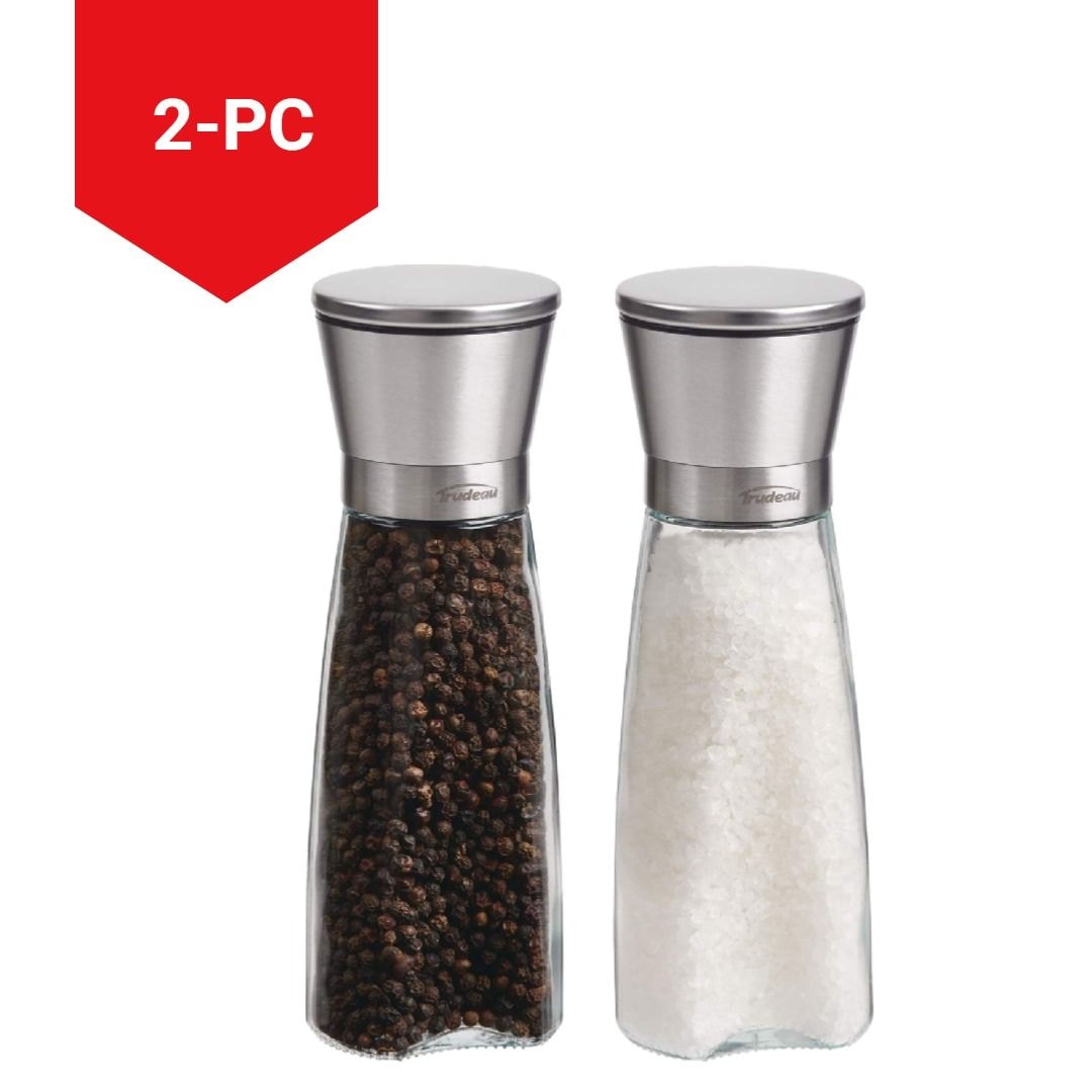 Trudeau Stainless Steel/Glass Salt & Pepper Grinder Mill Set, Pre-Filled, 8-in, 2-pc