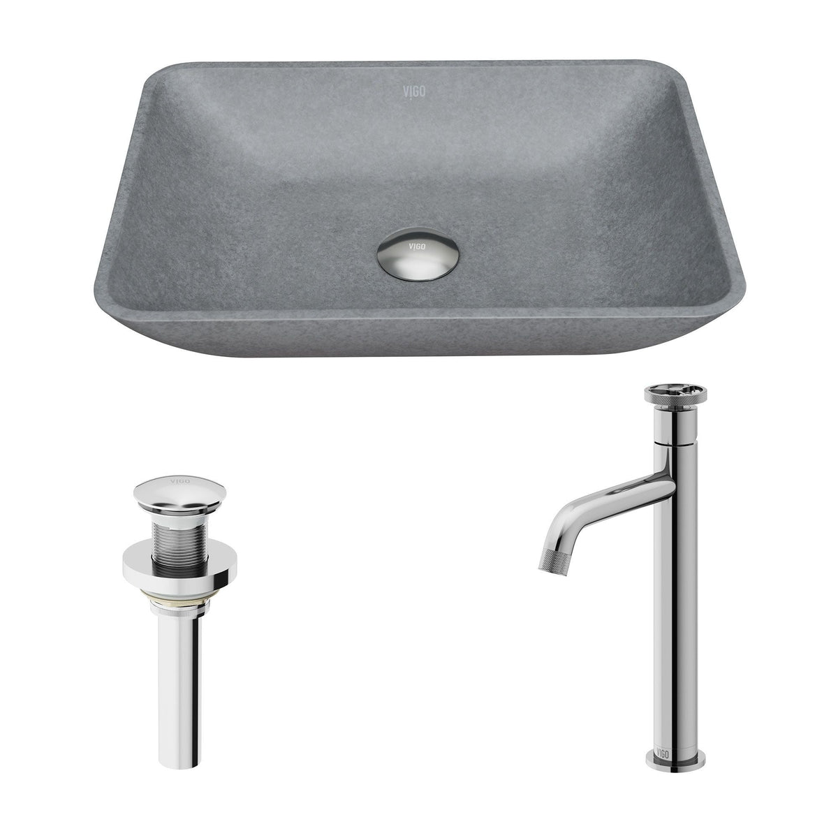VIGO Duomo Gothic ConcretoStone Grey Bathroom Sink/Basin Set with Cass Faucet and Rectangular Vessel
