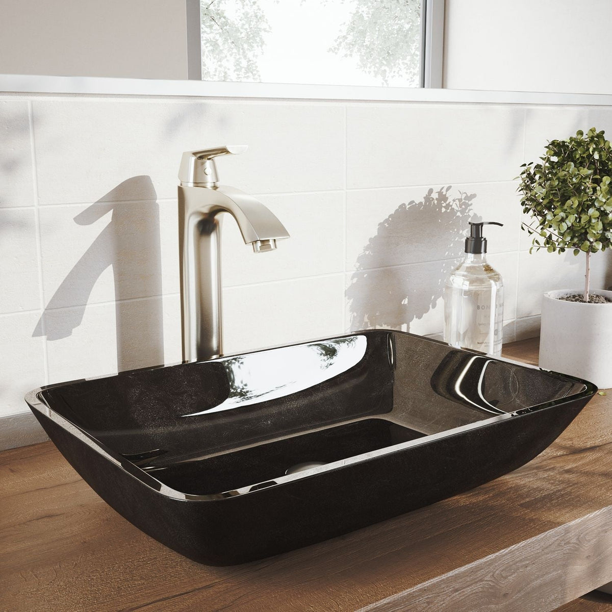VIGO Glass Grey Onyx Bathroom Sink/Basin Set with Linus Faucet and Rectangular Vessel