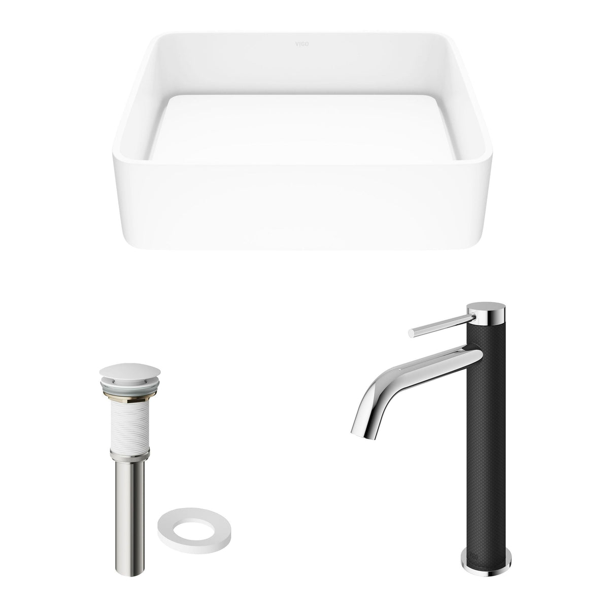 VIGO Jasmine MatteStone White Bathroom Sink/Basin Set with Lexington Faucet and Rectangular Composite Vessel