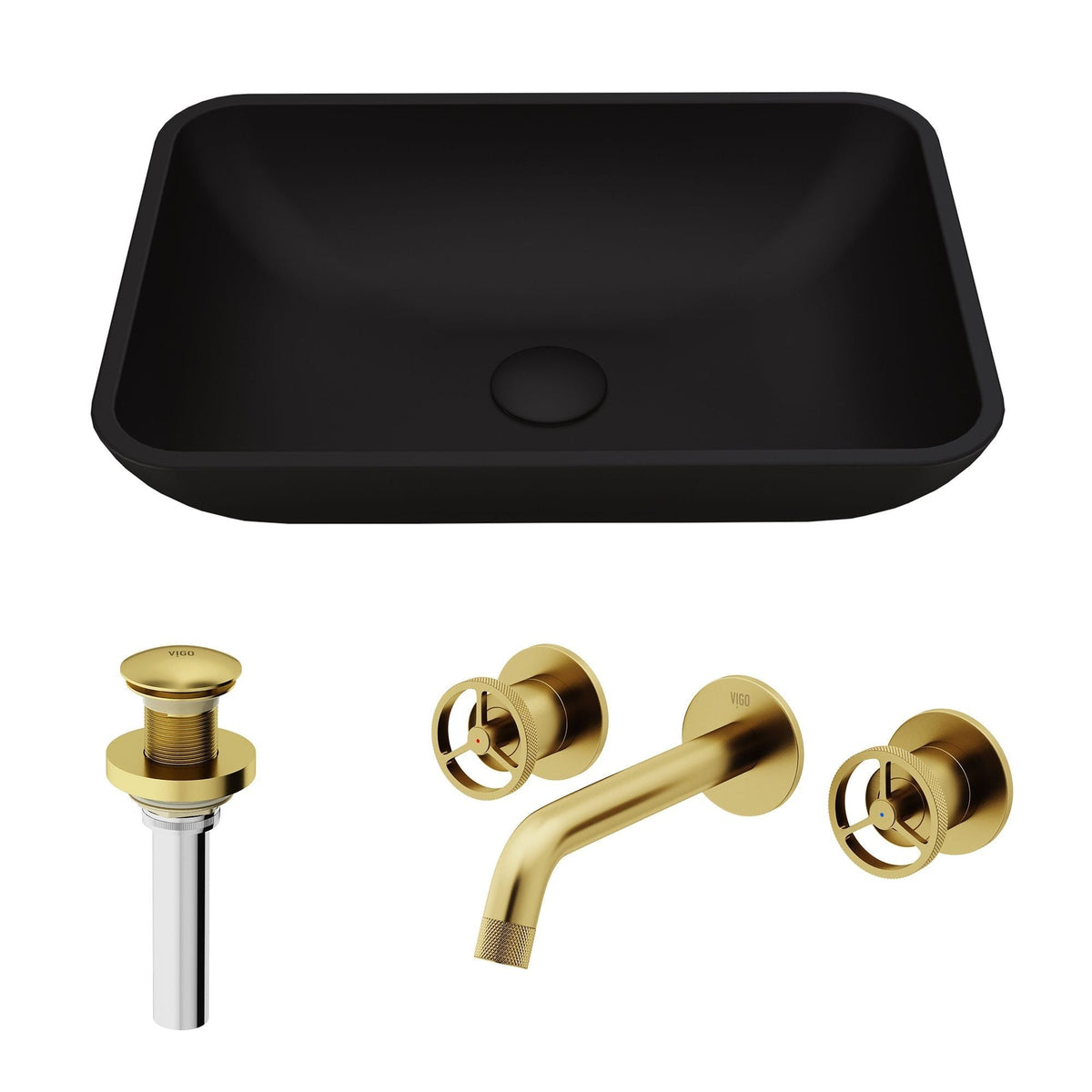 VIGO Sottile MatteShell Matte Black Bathroom Sink/Basin Set with Cass Wall Mount Faucet and Glass Rectangular Vessel
