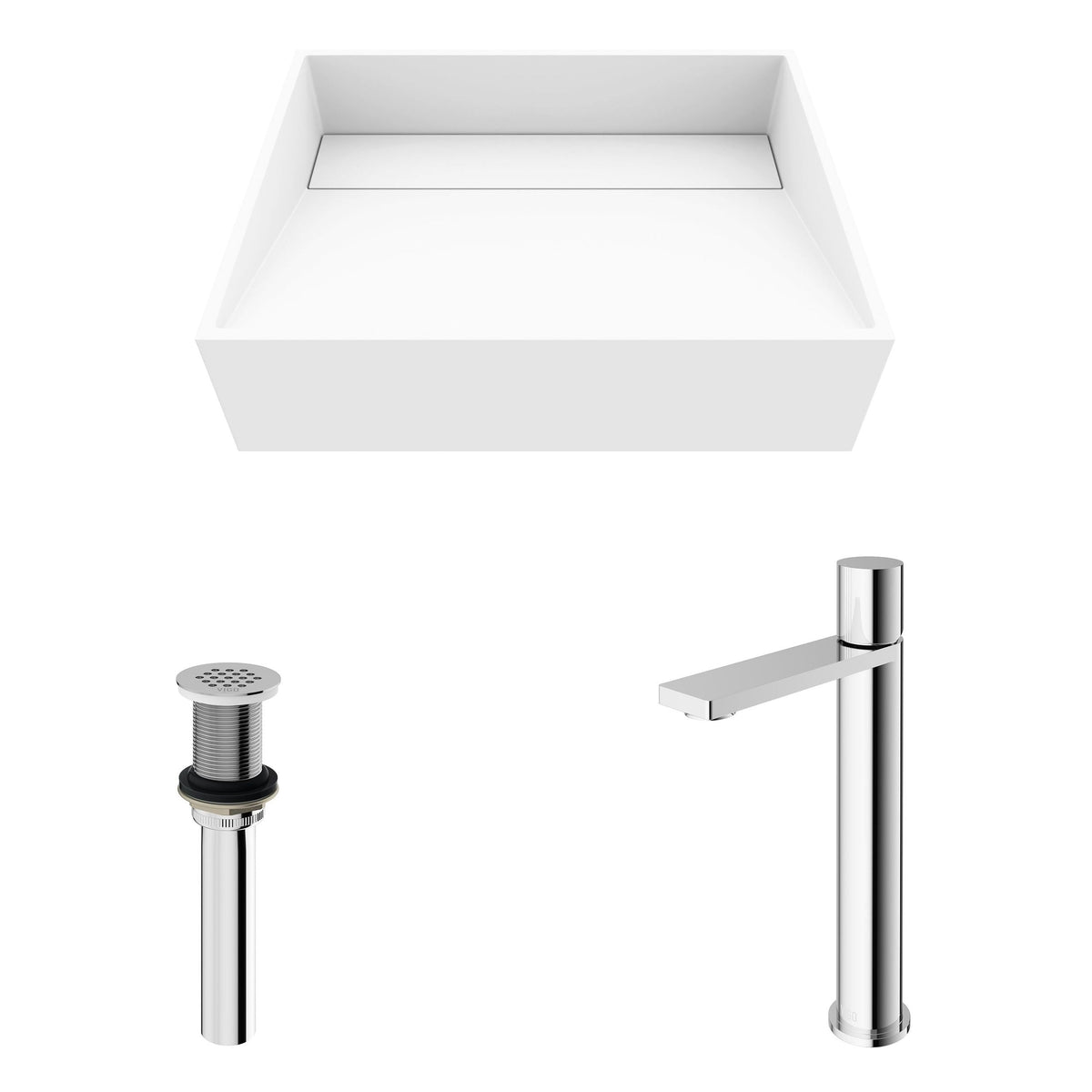 VIGO Starr Glass MatteStone White Bathroom Sink/Basin Set with Gotham Faucet and Rectangular Composite Vessel