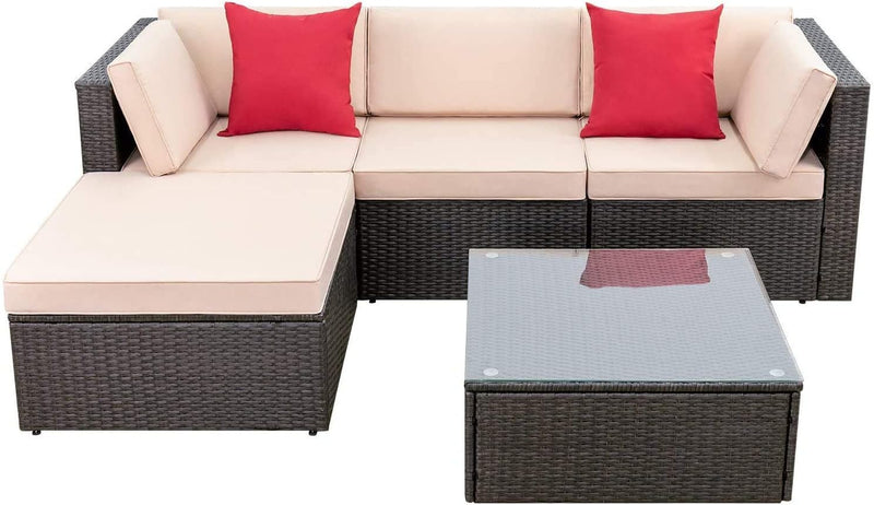 Devoko 5 Pieces Patio Furniture Sets All Weather Outdoor Sectional Patio Sofa Manual Weaving Wicker Rattan Patio Seating Sofas with Cushion and Glass Table(Beige) I3
