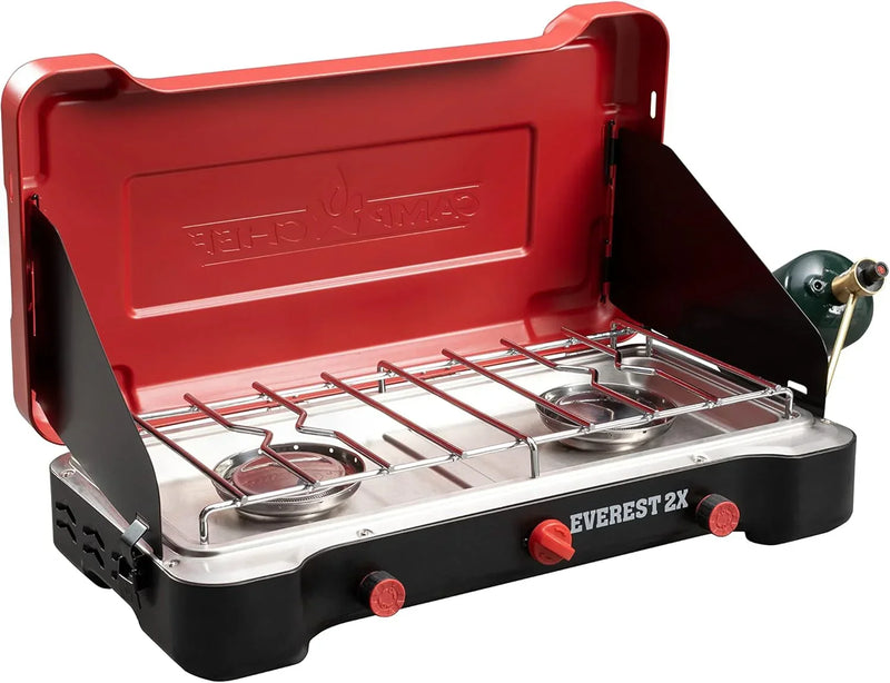 Camp Chef Mountain Series Everest 2X - High Output Two-Burner Camp Stove - Lid Doubles as Windscreen - Portable Cooking Stove - For Outdoor Cooking - 20,000 BTU Burners - 215 Sq In Cooking Area G3