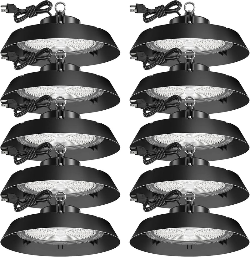 200-watt, 10 sets of UFO lamps, LED ceiling lights, 28,000 lumens, 5000K LED ceiling lights, 5-foot cable, can replace 650-watt metal halide/hot mercury lamps, suitable for gyms, factories, barns and storage areas. P0