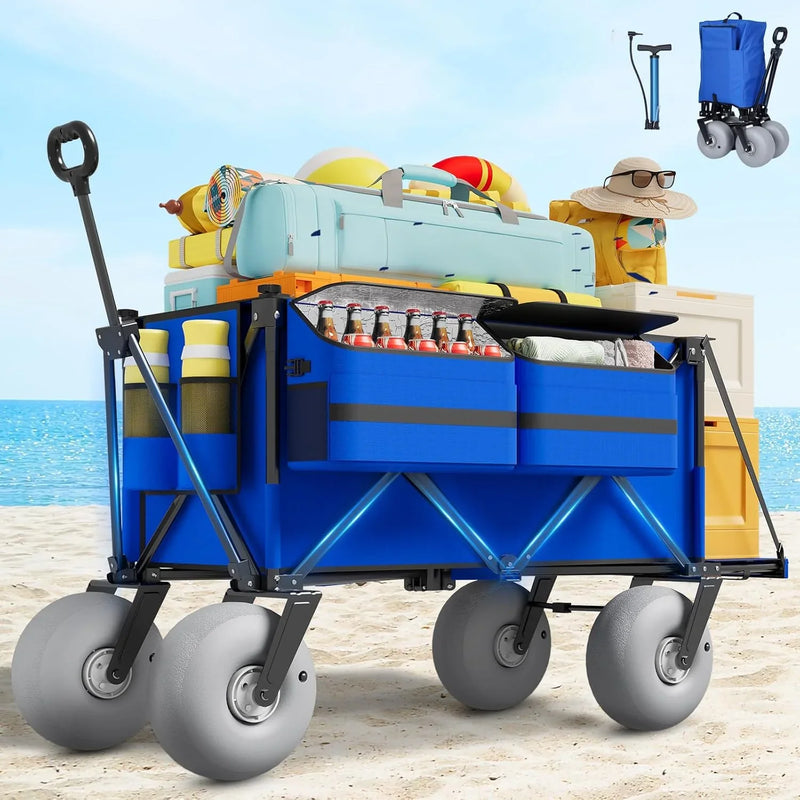 Beach Wagon with Big Wheels for Sand - 450lbs Load Heavy Duty Wagons Carts Foldable with 9" All Terrain Inflatable Tires, Collapsible Beach Cart for Grocery Shopping Garden Sports Camping Outdoor M3