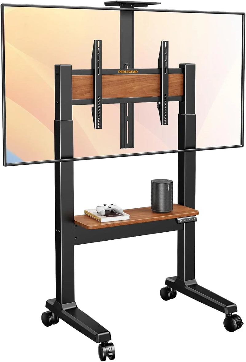 Motorized Mobile TV Stand on Wheels for 37–86 Inch TVs up to 154 lbs, Electric Height Adjustable Rolling TV Stand, VESA 200x200–600x400mm, Wooden Shelf & Panel, PGTVMC26B A5