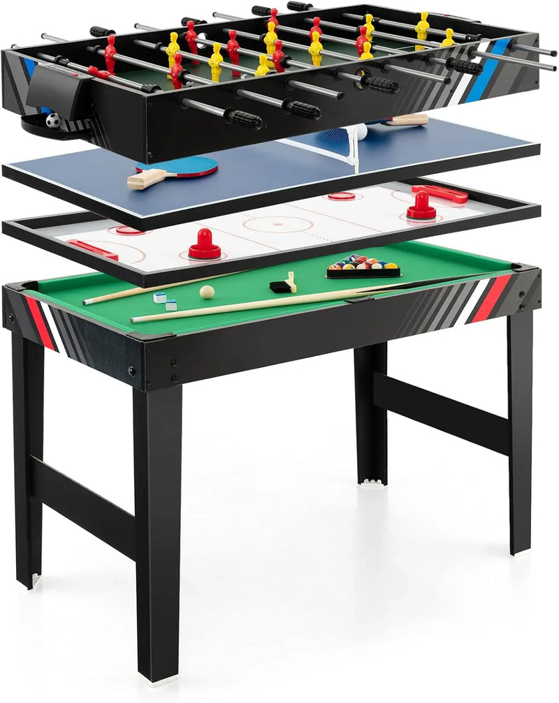 The multi-functional game table integrates a football table, a billiards table, an air curling table and a table tennis table. It is an ideal combination game table for a family game room. E8