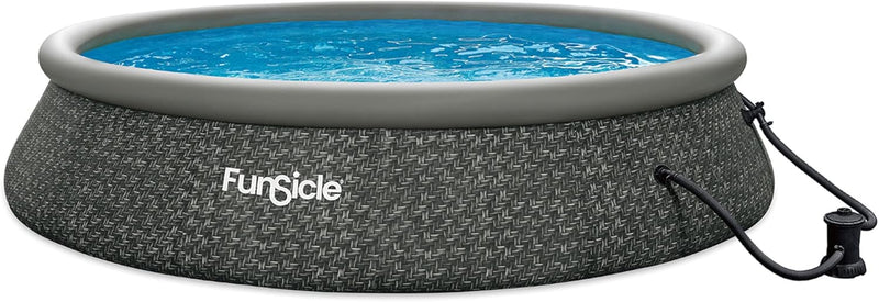 12 Foot by 36 Inch Quickset Round Inflatable Ring Top Outdoor Above Ground Swimming Pool Set with Pump and Cartridge Filter, Dark Herringbone D6