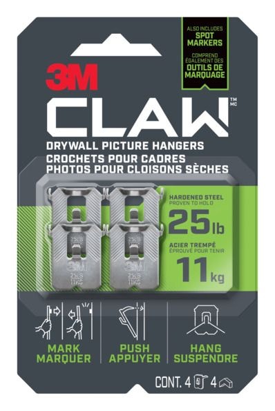 3M Claw DrywAll Picture Hanger, 25-lb Capacity, 4 Hangers per Pack M0