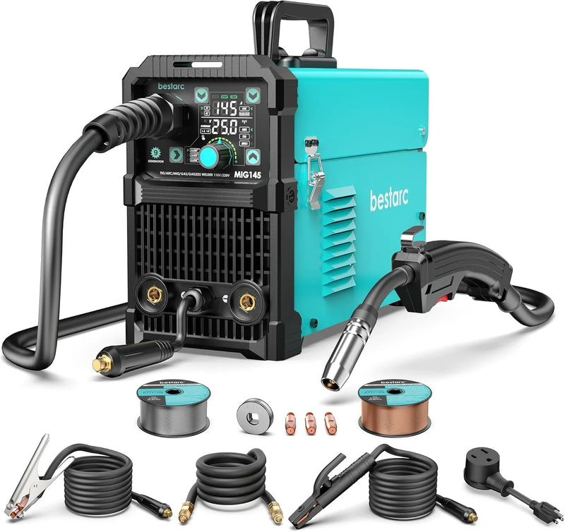 145A MIG Welder, 110V/220V Dual Voltage Gas/Gasless Flux Core MIG Welder/Lift TIG/Stick 3 in 1 Synergic MIG145 9GEN Welding Machine, Flux/Solid Welder Digital Screen Display F0