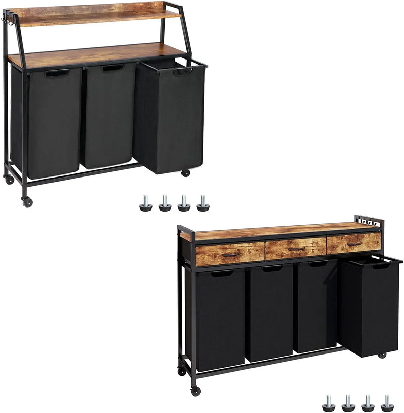 Two Laundry Hamper, Rolling Laundry Sorter with Wheels, 4 × 14.5 Gal (55 L), Pull-Out and Removable Laundry Bags, for Laundry Room, Rustic Brown O8
