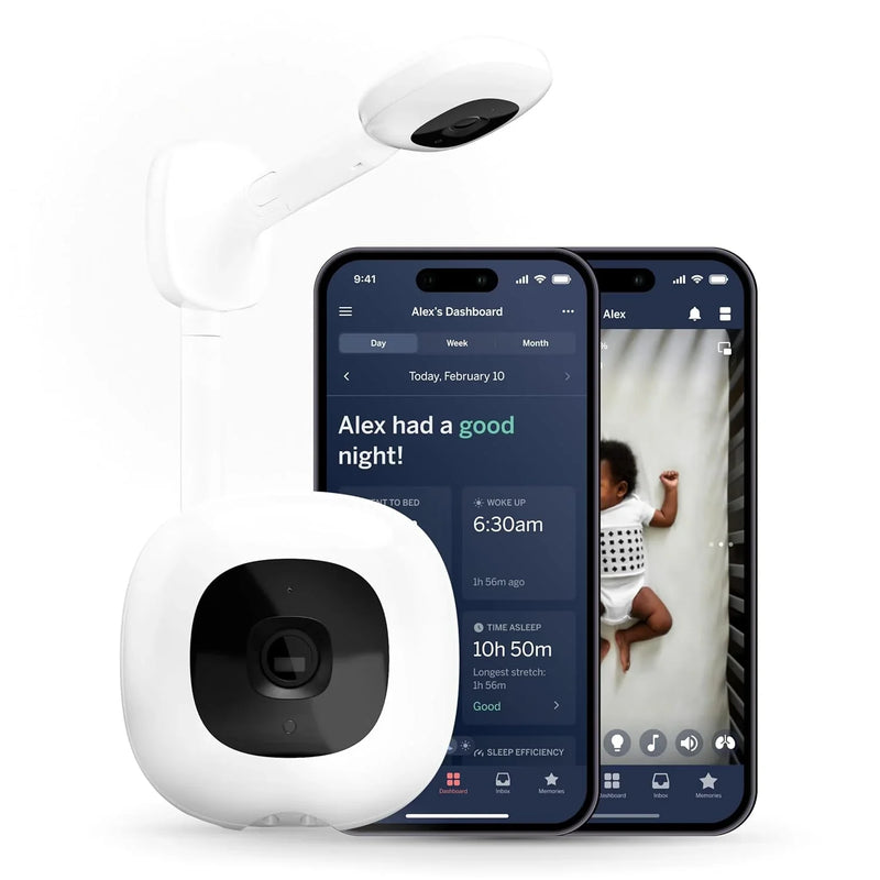 Smart baby monitor and wall-mounted device - 1080p security Wi-Fi video camera, sensor-free sleep and breathing motion tracker, two-way audio, sound and motion alerts, night vision function, breathing band - white J5