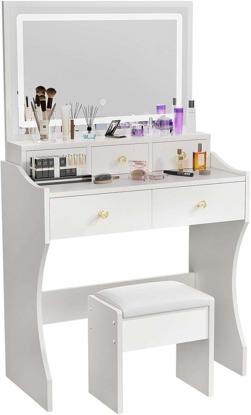 Makeup Table with Extra Large Mirror and Lights, 80cm Dressing Table with Stool N3