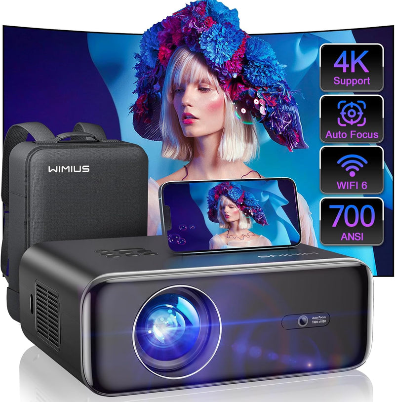 [Auto Focus/4K Support] Projector with WiFi 6 and Bluetooth 5.2, 700ANSI Native 1080P Outdoor Movie Projector, WiMiUS P62 Auto 6D Keystone & 50% Zoom, Smart Home Projector for iOS/Android/TV Stick E6
