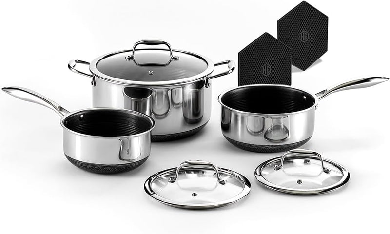 Hybrid Nonstick 6-Piece Pot Set with 2 Silicone Trivets, 2, 3, and 8-Quart Pots with Tempered Glass Lids, Stay-Cool Handles, Dishwasher-Friendly, Induction-Ready, Compatible with All Cooktops H4