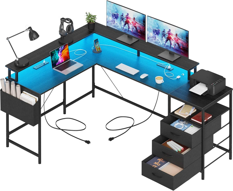 3 Drawers L Shaped Desk 63 Inch, 2 Power Strips (6 AC) and LED, Large Gaming Desk & 2 Monitor Stands, L Shape Computer Desk, Stable and Sturdy Home Office Desk, Fabric Drawers, Black K6