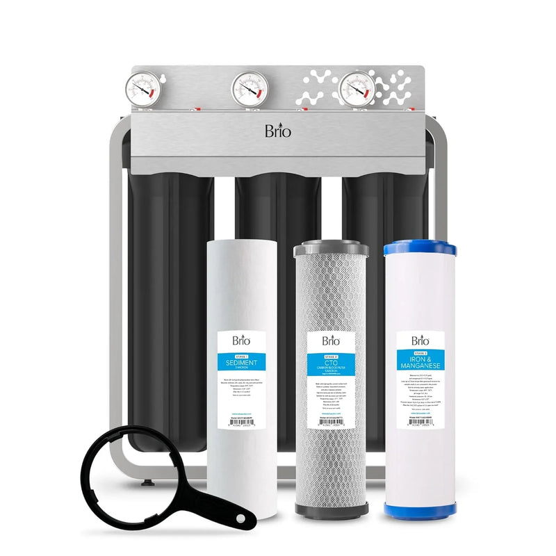 Whole-house filtration system, designed to remove iron and manganese, with a flow rate of 900 gallons per minute, dimensions of 4.5 inches x 20 inches, featuring a built-in sediment filter, activated carbon filter and iron/manganese filter, with a li U4