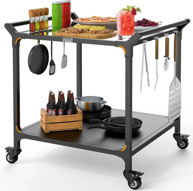 Outdoor barbecue food truck, 32" x 32" stainless steel pizza oven table, mobile barbecue kitchen food preparation cart with double-tiered shelves, suitable for garden patios J4