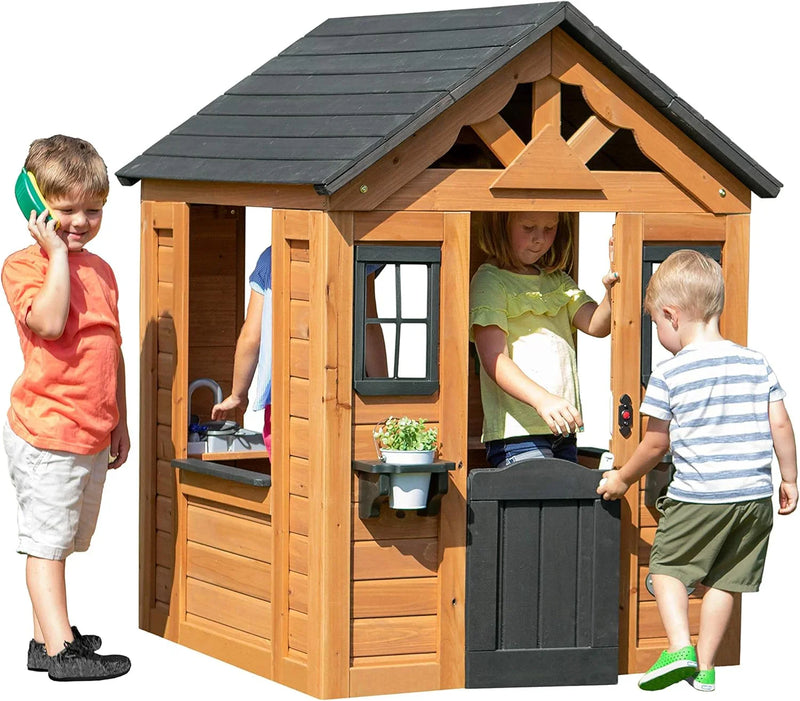 Children's playhouse cabin, equipped with a game kitchen, snack bar, half-door, toy phone, windows, flower pot stand and an operable doorbell, suitable for creative outdoor games. U8