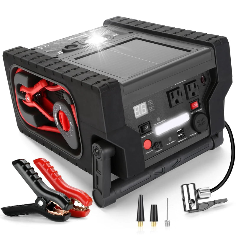 Solar Portable Power Station 2000 Amps Jump Starter, 260 PSI Air Compressor, 12V Car Battery Charger with 400W Inverter Dual AC/DC/USB Output, Emergency Backup Power with Flashlights H5