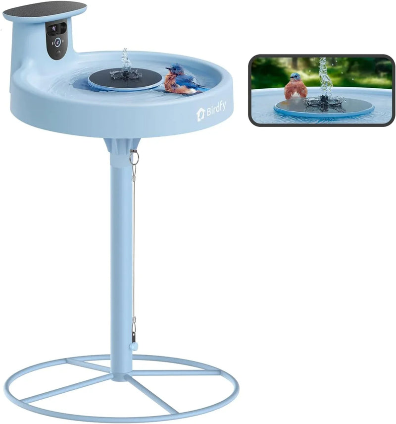 Smart Bird Bath, equipped with a camera, solar power supply, fountain and stand. It features a dual-lens camera for bird observation, automatically captures bird videos and has motion detection functionality. N2