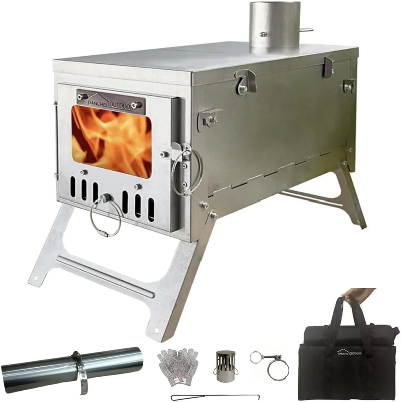 Titanium alloy tent wood stove for camping, 2 kilograms, foldable, lightweight and compact portable heat tent stove, comes with a 2.2-meter chimney, suitable for winter backpacking camping. I3