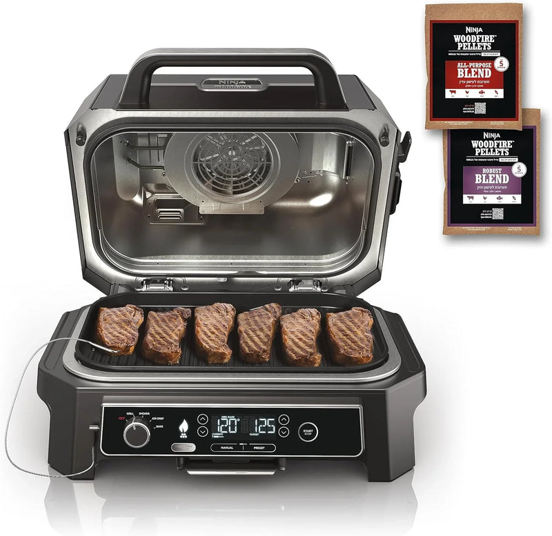 7-in-1 Grill & Smoker with Thermometer, Air Fryer, BBQ, Bake, Roast, Broil - Portable Electric Outdoor Grill, Grey J8