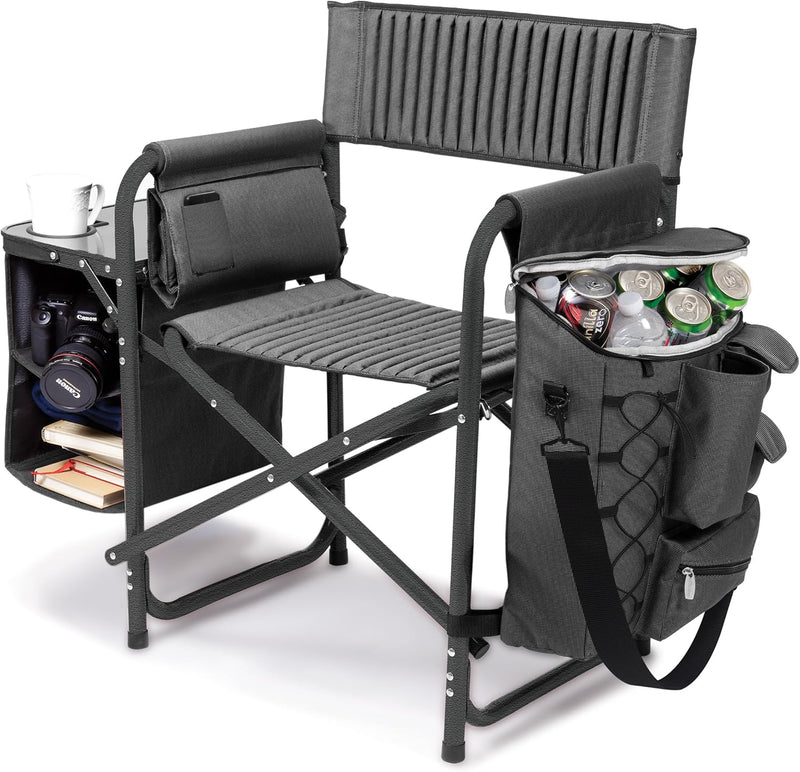 The "Picnic Time" brand's outdoor folding chairs with a unique design feature a grey base and a black frame. The dimensions are 33 x 7 x 21. H5