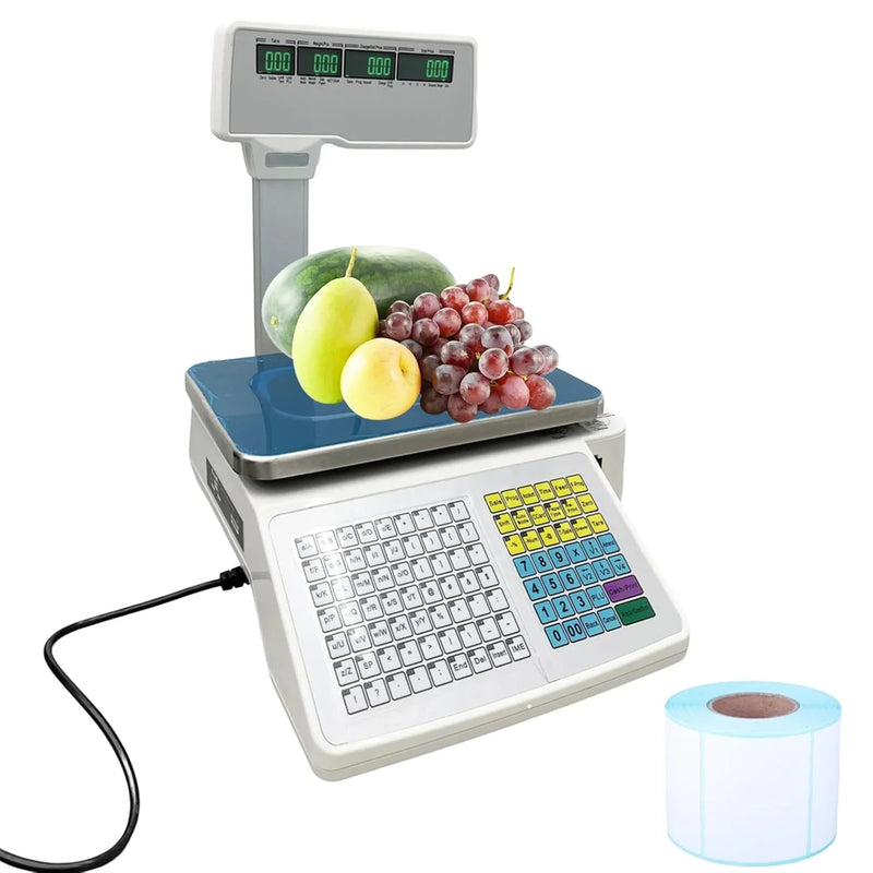 Commercial digital scale, equipped with thermal printer, 4 window vertical double-sided LCD display, capable of printing labels, maximum load capacity of 66 pounds, 110 volts, portable, suitable for storage areas, restaurants, bakeries M5