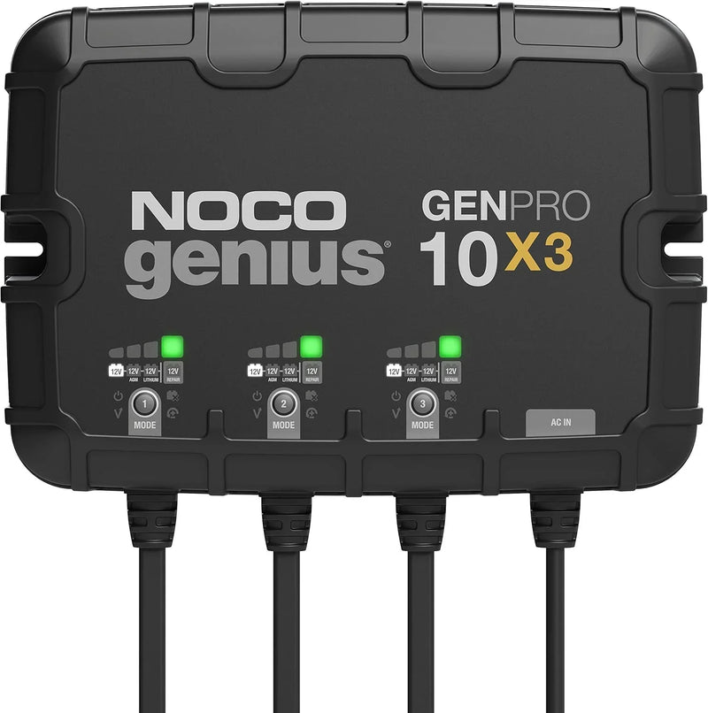 Three sets of batteries, 30-ampere built-in battery charger - Each set consists of 10-ampere, 12-volt waterproof marine charger, featuring overcharge protection and temperature compensation functions - Suitable for lead-acid batteries and lithium bat X7