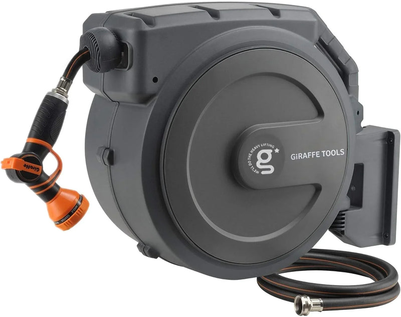 Tool-extendable garden hose reel, inner diameter 1/2 inch, length 155 inches, equipped with 5-foot extension hose, sturdy and durable, lockable at any length, slow retraction system, wall-mounted design, 180-degree rotating bracket I6
