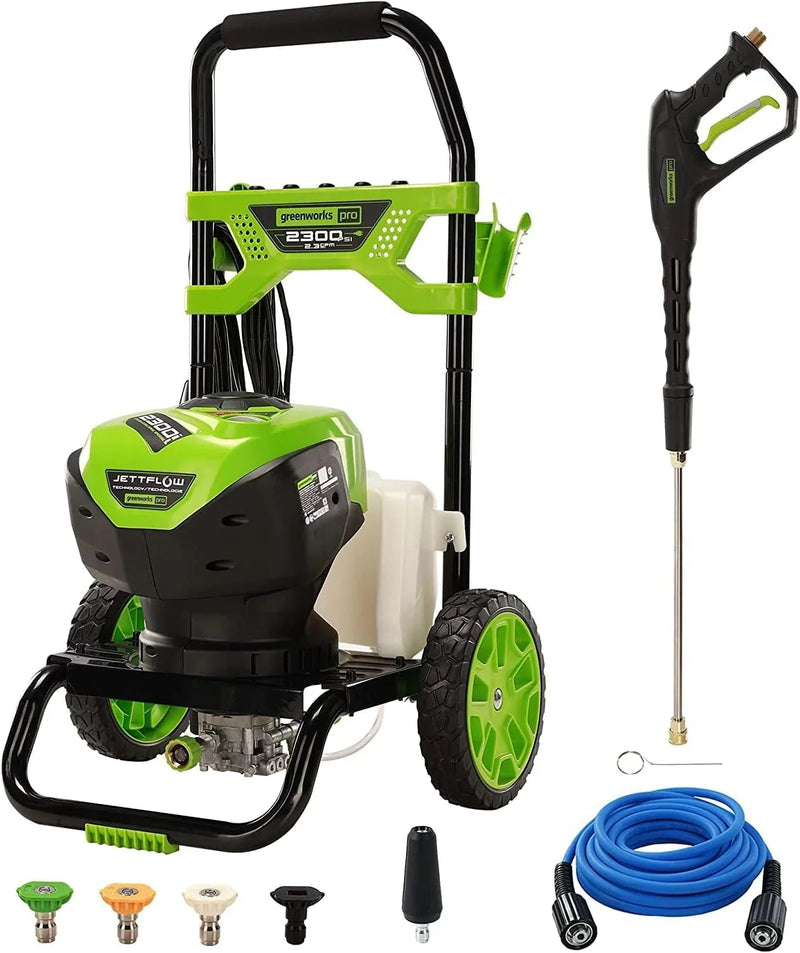 2300 pounds/square inch true brushless electric high-pressure cleaning machine (2.3 gallons/minute), 25 feet hose, quick-connect nozzle, 15°, 24°, 40° soap nozzles and turbine nozzle Q9