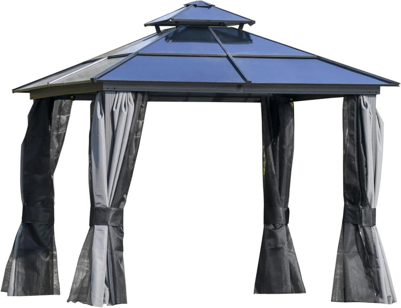 10 feet x 12 feet hard-top awning canopy, polycarbonate roof, aluminum frame, permanent outdoor awning, with net cover, suitable for patios, gardens, backyards, terraces, lawns, grasslands, light gray. T8