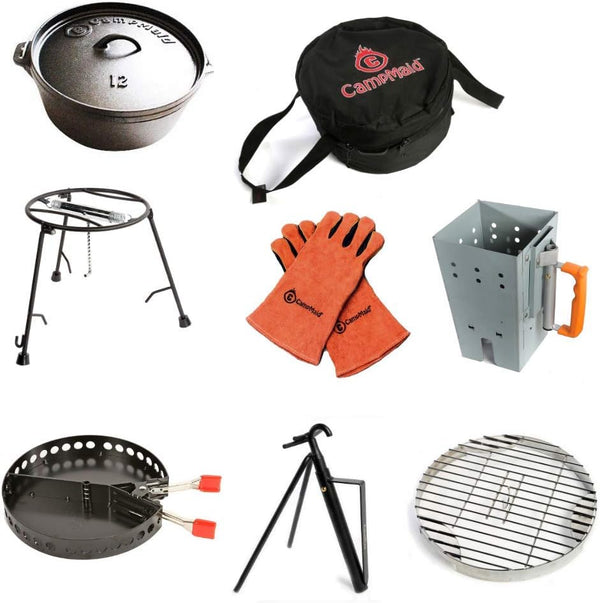 Outdoor Cooking Set - Dutch Oven and Tools Set - Charcoal Holder & Cast Iron Grill Accessories - Camping Grill Set - Outdoor Cooking Essentials - Camp Kitchen Equipment - (8 Piece Set) U8