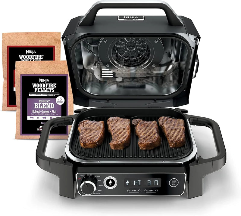 7-in-1 Multi-functional (Barbecue, Slow Roast, Bake, Air Fry, Dehydration, Grill, Smoking) | Portable and highly weather-resistant | Capable of cooking up to 6 steaks and 30 hot dogs | Includes wood pellet fuel D7