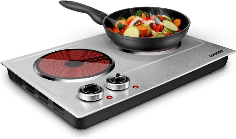 Hot Plate,1800W Ceramic Electric Hot Plate for Cooking, Dual Control Infrared Cooktop, Portable Countertop Burner, Glass Plate Electric Cooktop, Silver, Stainless Steel B6