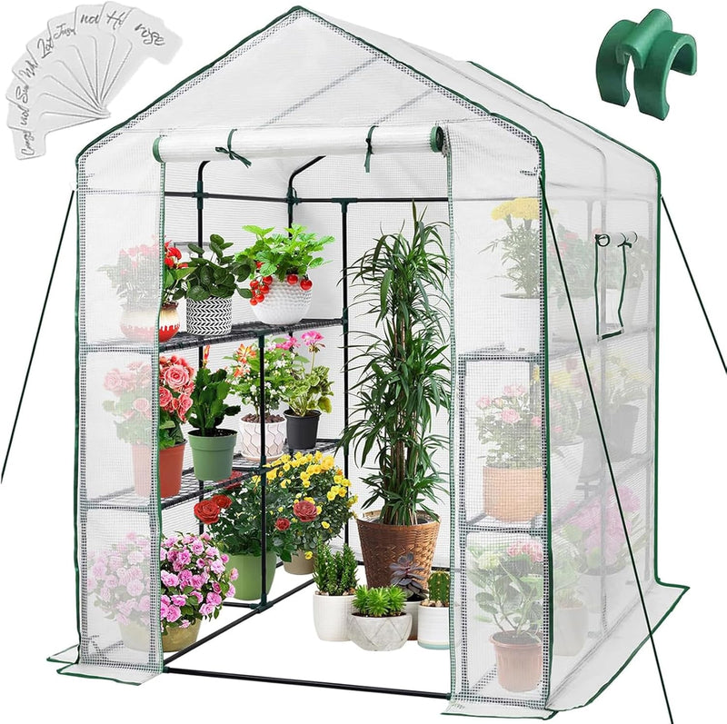 Greenhouse, 57 x 85 x 76'' Greenhouses for Outdoors, Portable Greenhouse Kit with Mesh Side Windows, PE Cover, 8 Shelves, Heavy Duty Walk in Green House for Backyard Garden Indoor Outside B4