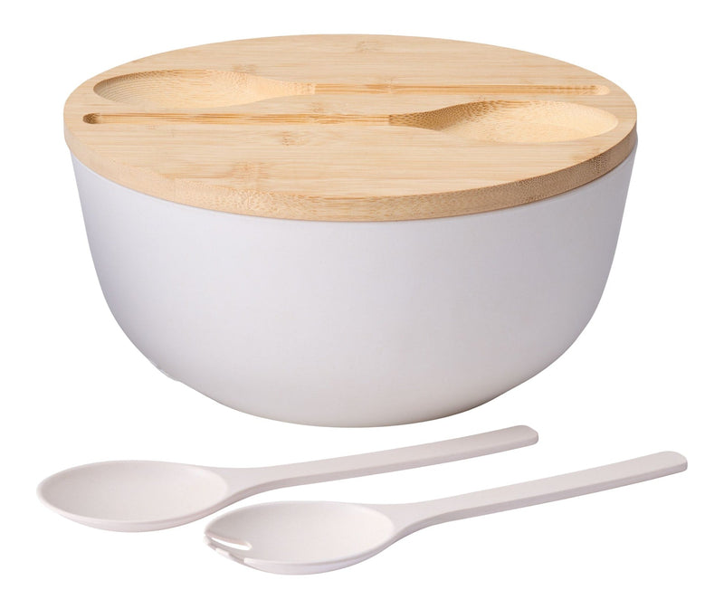 CANVAS Bamboo Salad Bowl Set with Lid & Servers, White U2