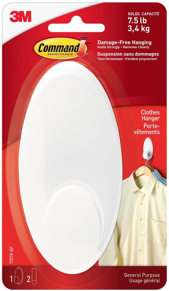Command Large Clothes Hanger Organizing Hook with Adhesive Strips, White, 7.5-lbs, 1 Strip per Pack A7