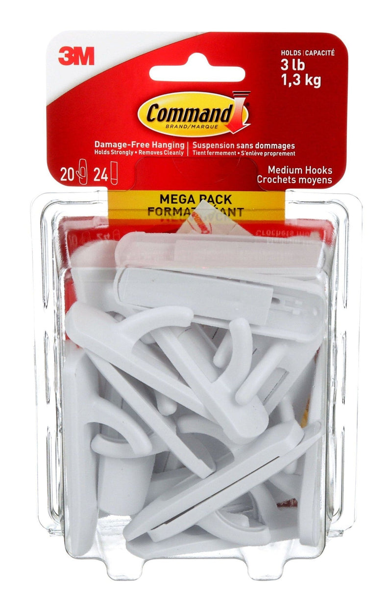 Command Medium Hooks Mega Pack with Adhesive Strips, White, 3-lbs, 20 Hooks/Pack L9