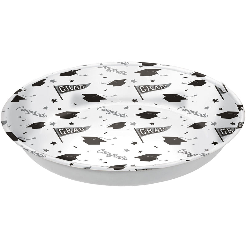"Congrats Grad" Round Plastic Reusable Serving Bowl, White, 14-in, for Graduation D0