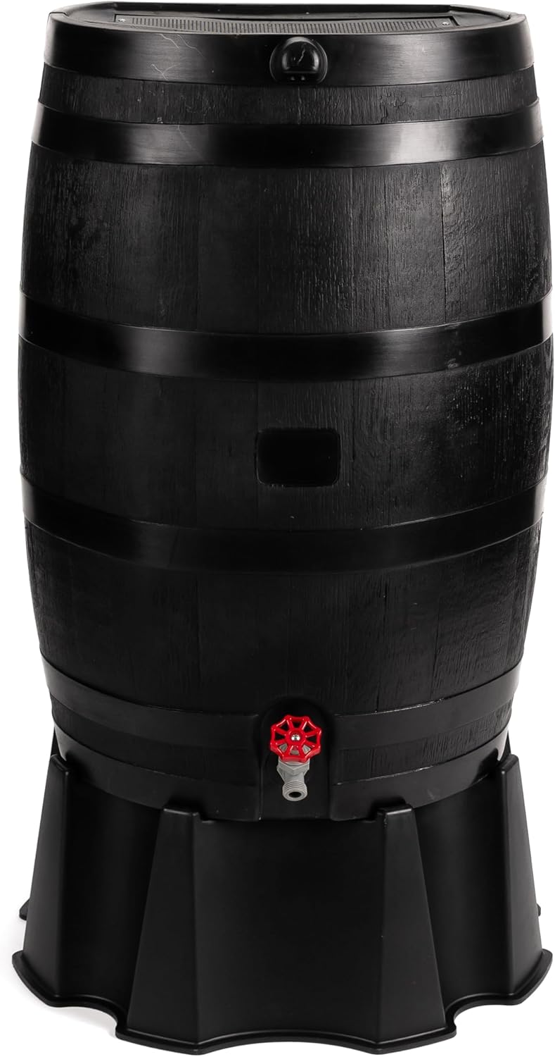 RTS Home Accents 50-Gallon ECO Rain Barrel Made with 100% Recycled Plastic, Flat Back Rain Water Collection Barrel, Black O1